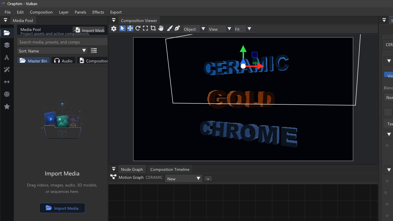 The current VFX stage with creative objects, a 3D viewer, node graph, and render Inspector.